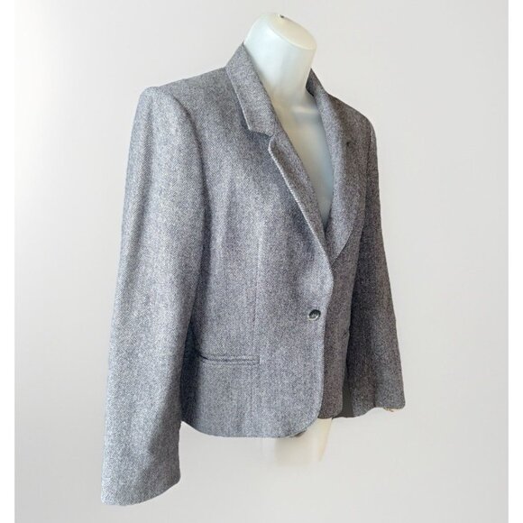 Saville Blazer Tweed Herringbone Jacket Womens Size 10 Petite Wool Grey Career - Picture 3 of 11
